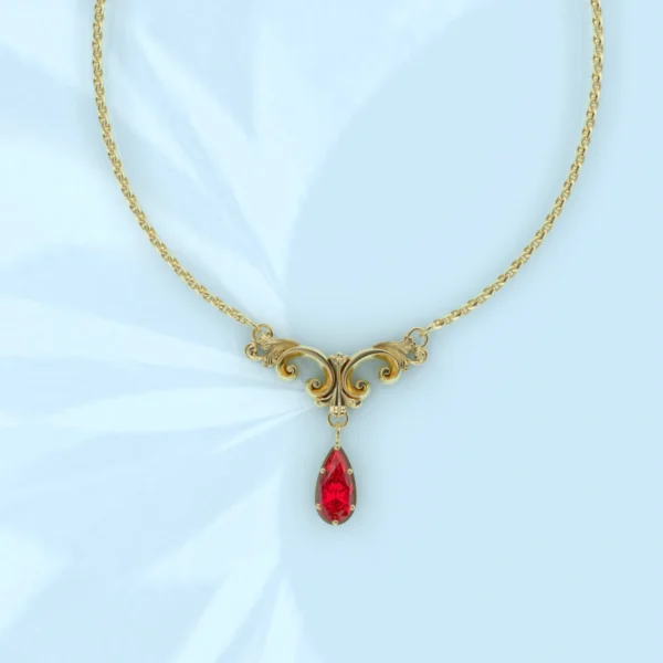 collier or 18 carats et grenat catalan style feuillages arabesque
